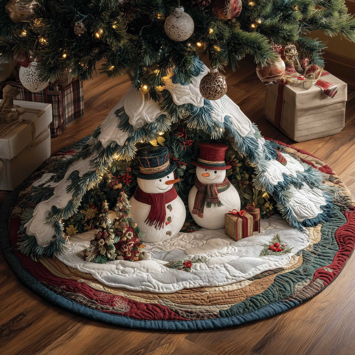 Snowmen with a Gift and Pine Trees Christmas Tree Skirt