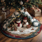 Snowmen with a Gift and Pine Trees Christmas Tree Skirt