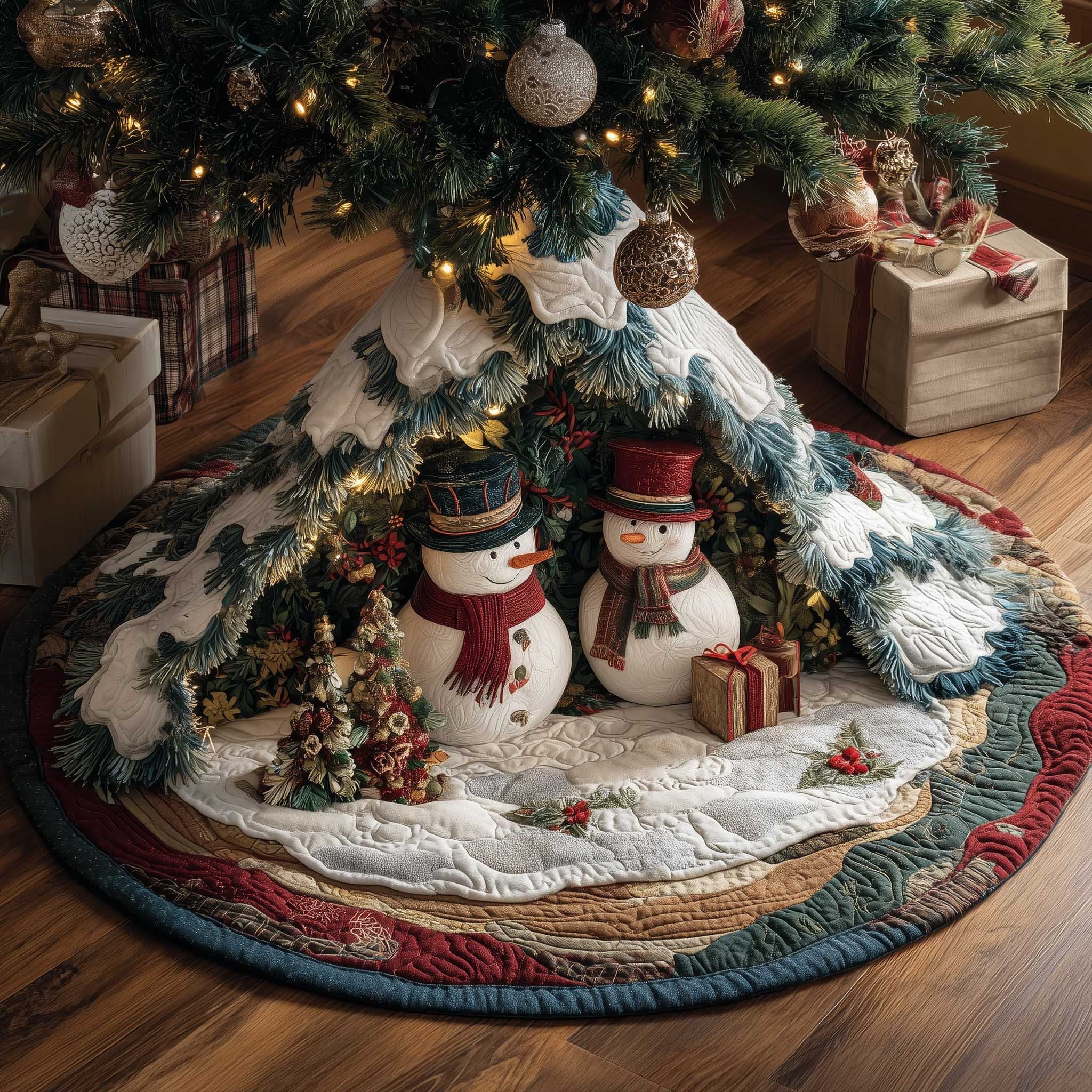 Snowmen with a Gift and Pine Trees Christmas Tree Skirt
