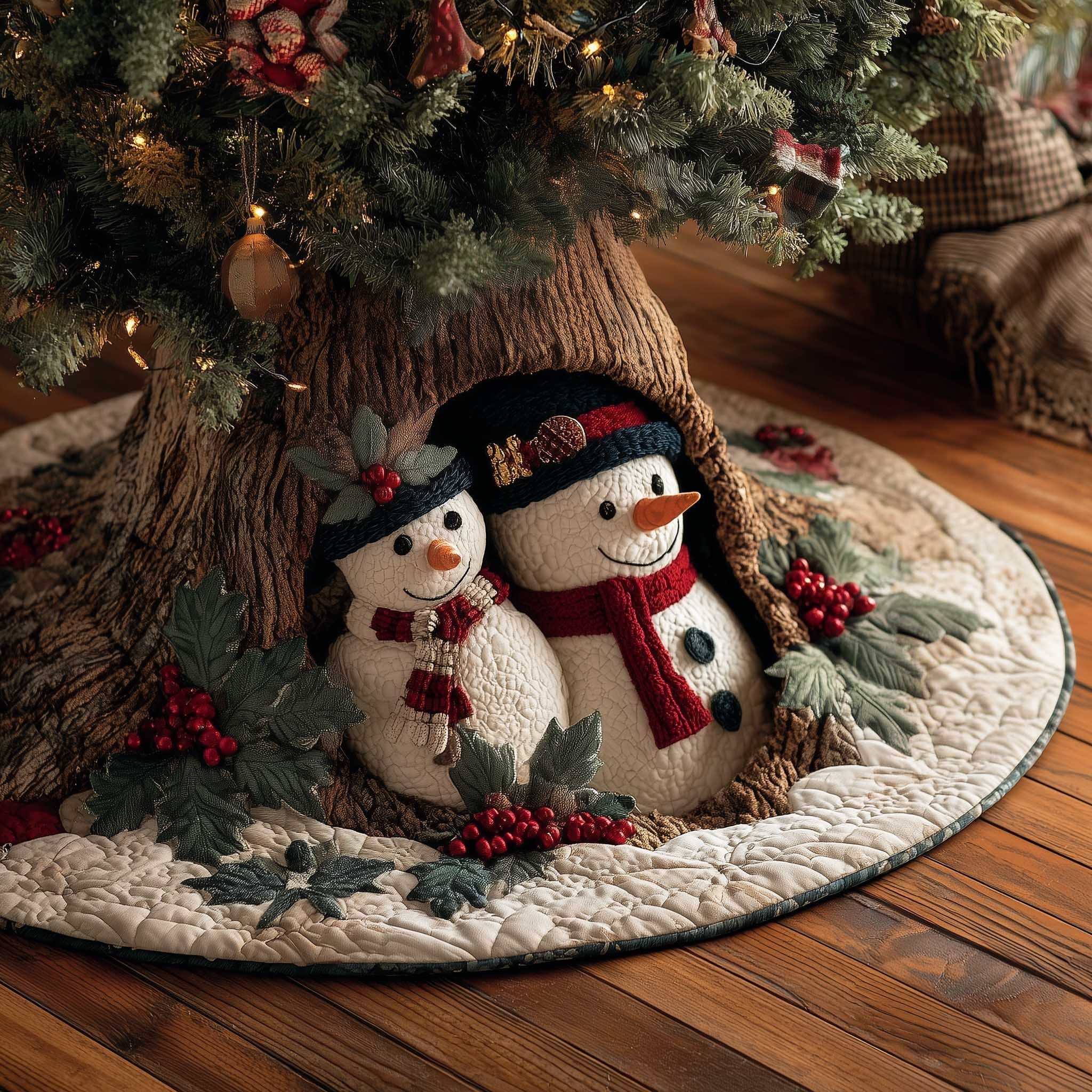 Two Snowmen with Holly Sprigs Christmas Tree Skirt