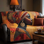 Woman in Headwrap on Golden Patchwork Sofa Cover