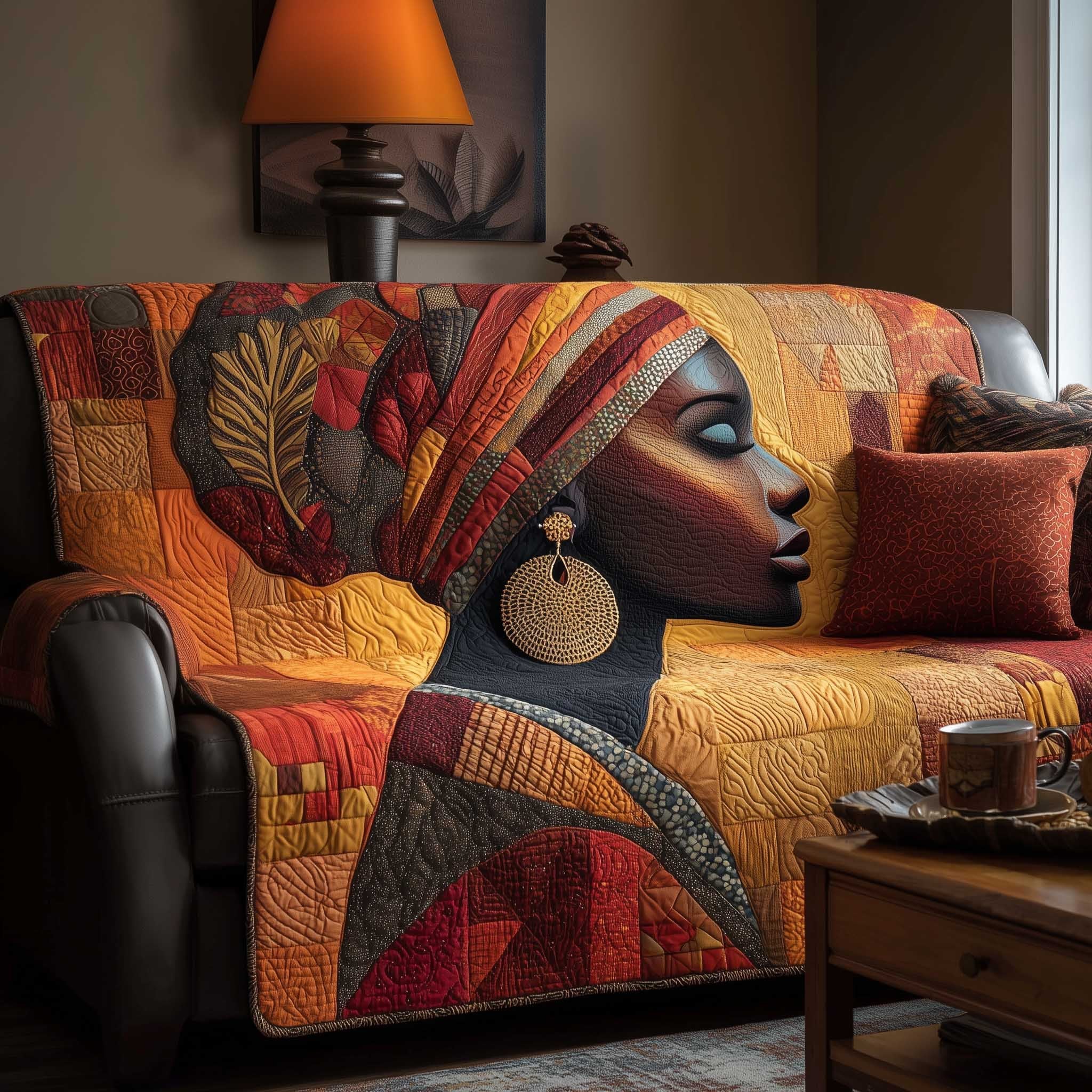 Woman in Headwrap on Golden Patchwork Sofa Cover