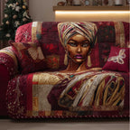 Woman in Turban on Red Patchwork Sofa Cover