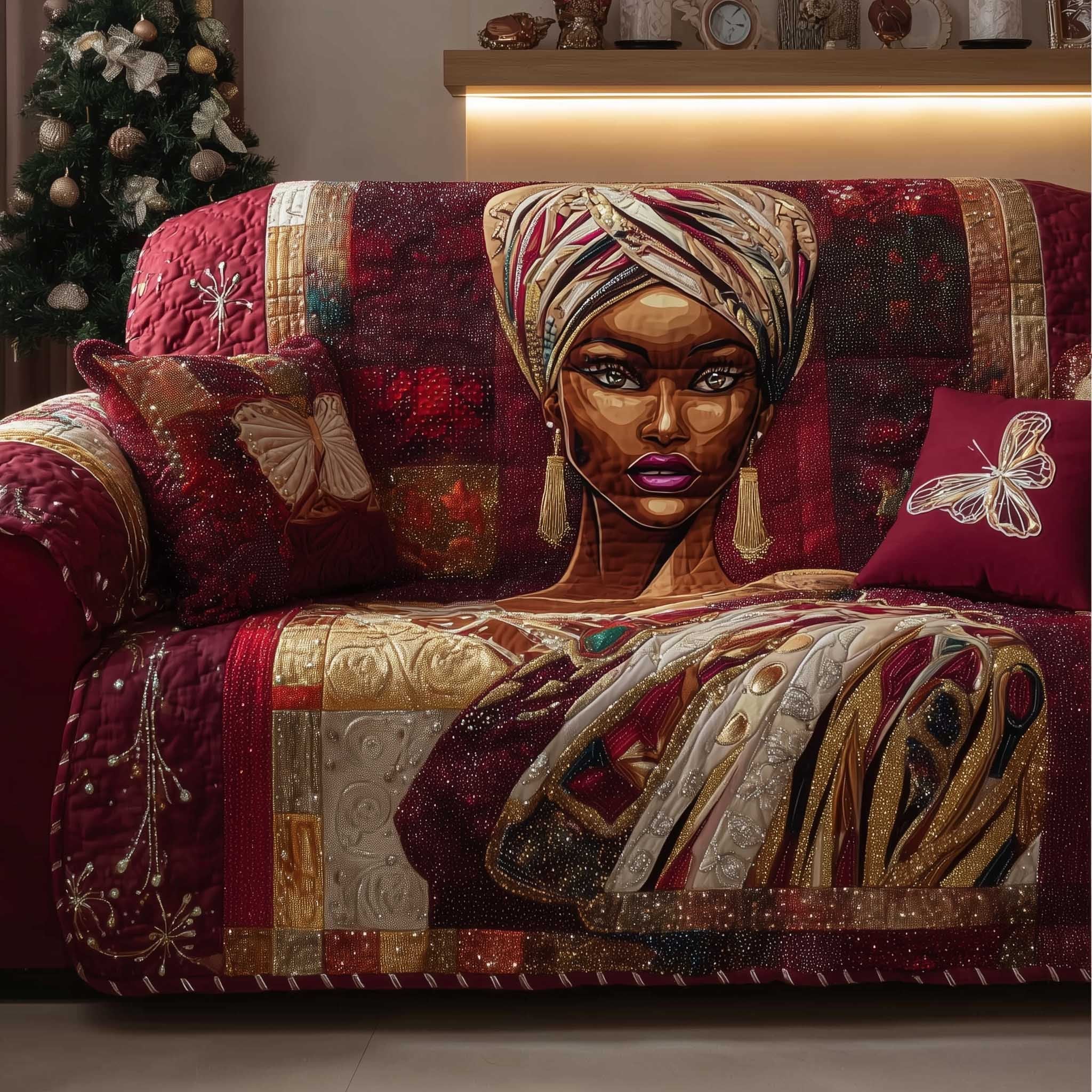 Woman in Turban on Red Patchwork Sofa Cover