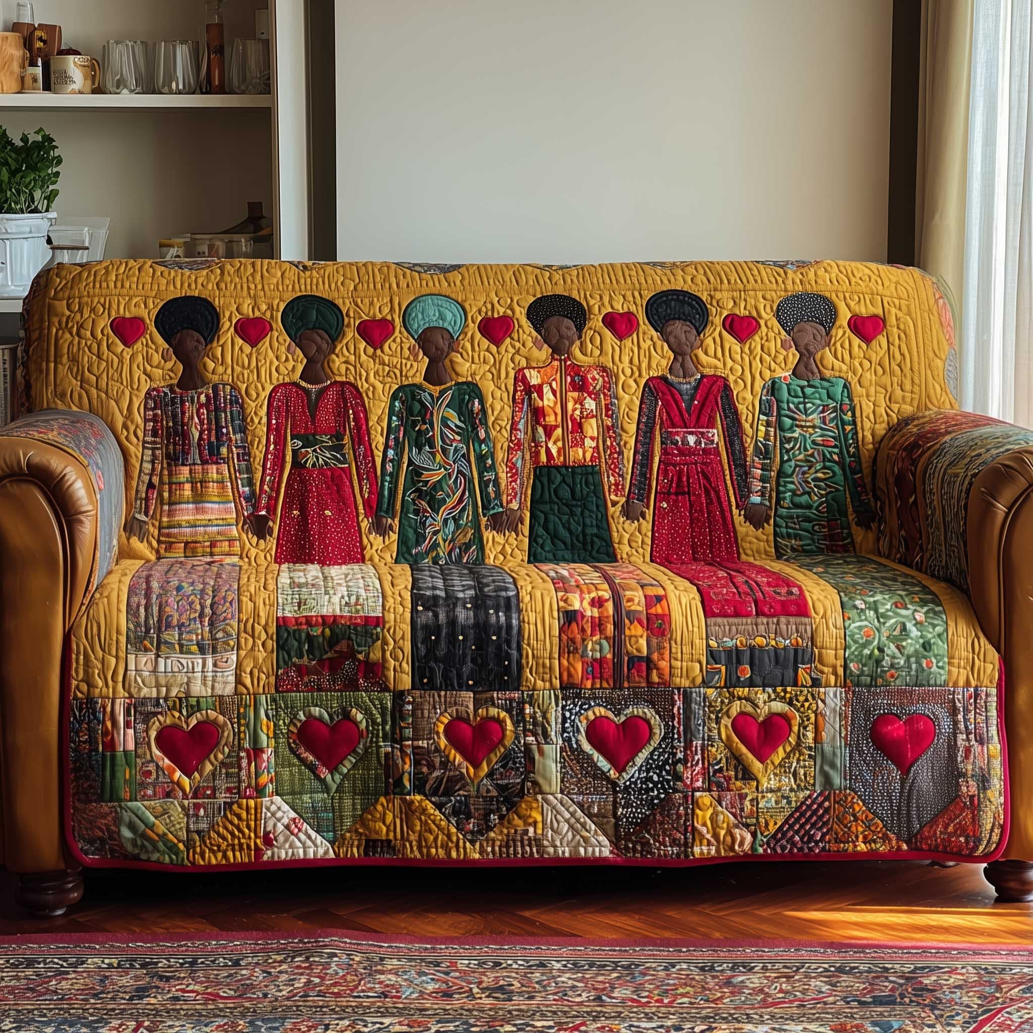 Women in Patchwork Dresses and Hearts Sofa Cover