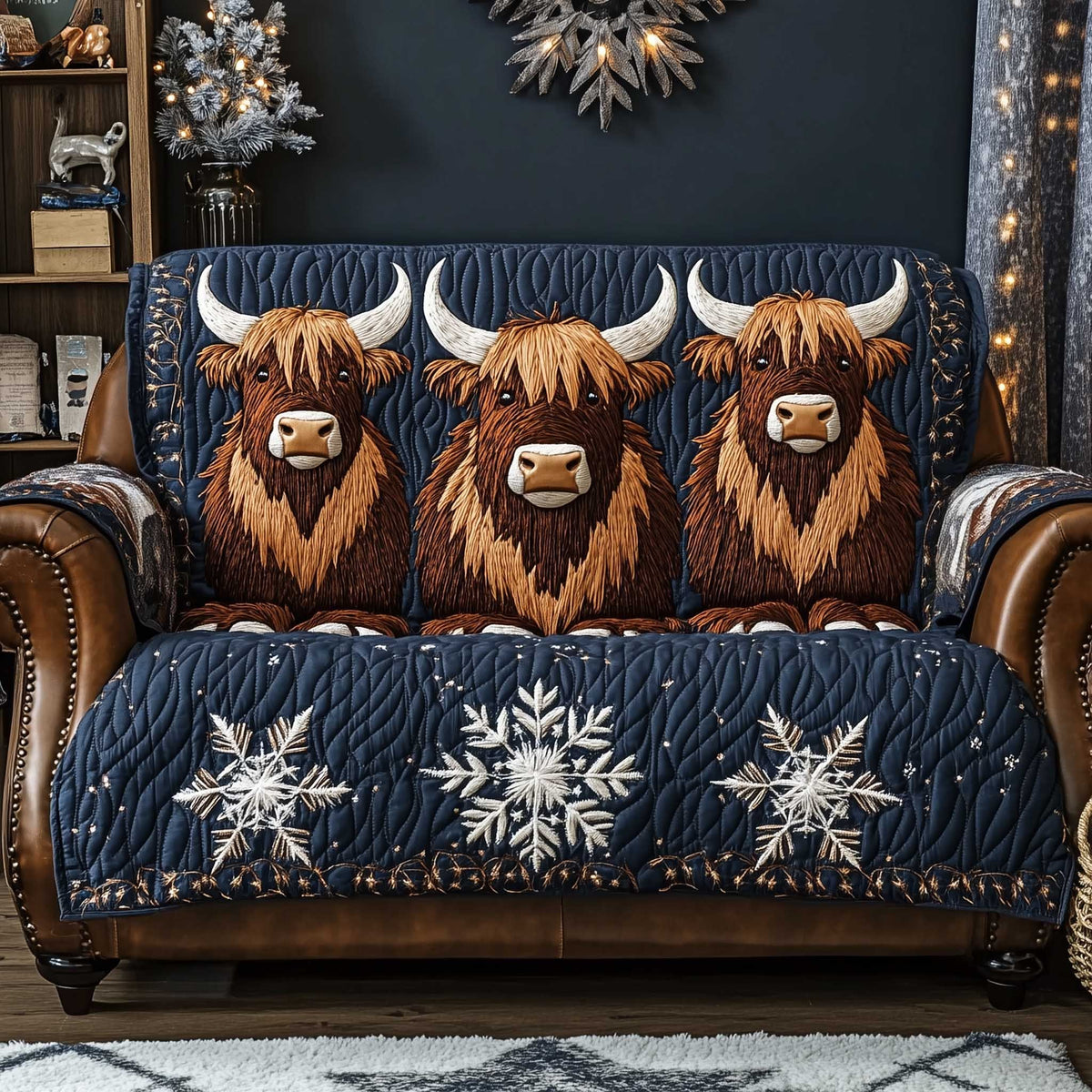 Highland Cows on Navy Snowflakes Sofa Cover