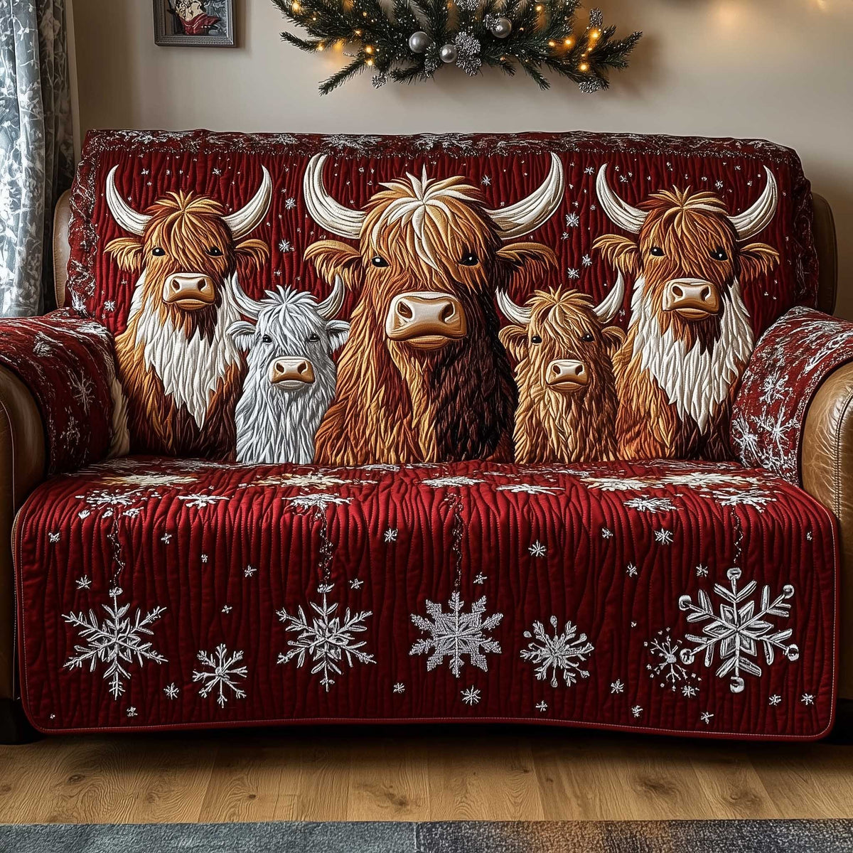 Highland Cows on Red Snowflake Quilt Sofa Cover