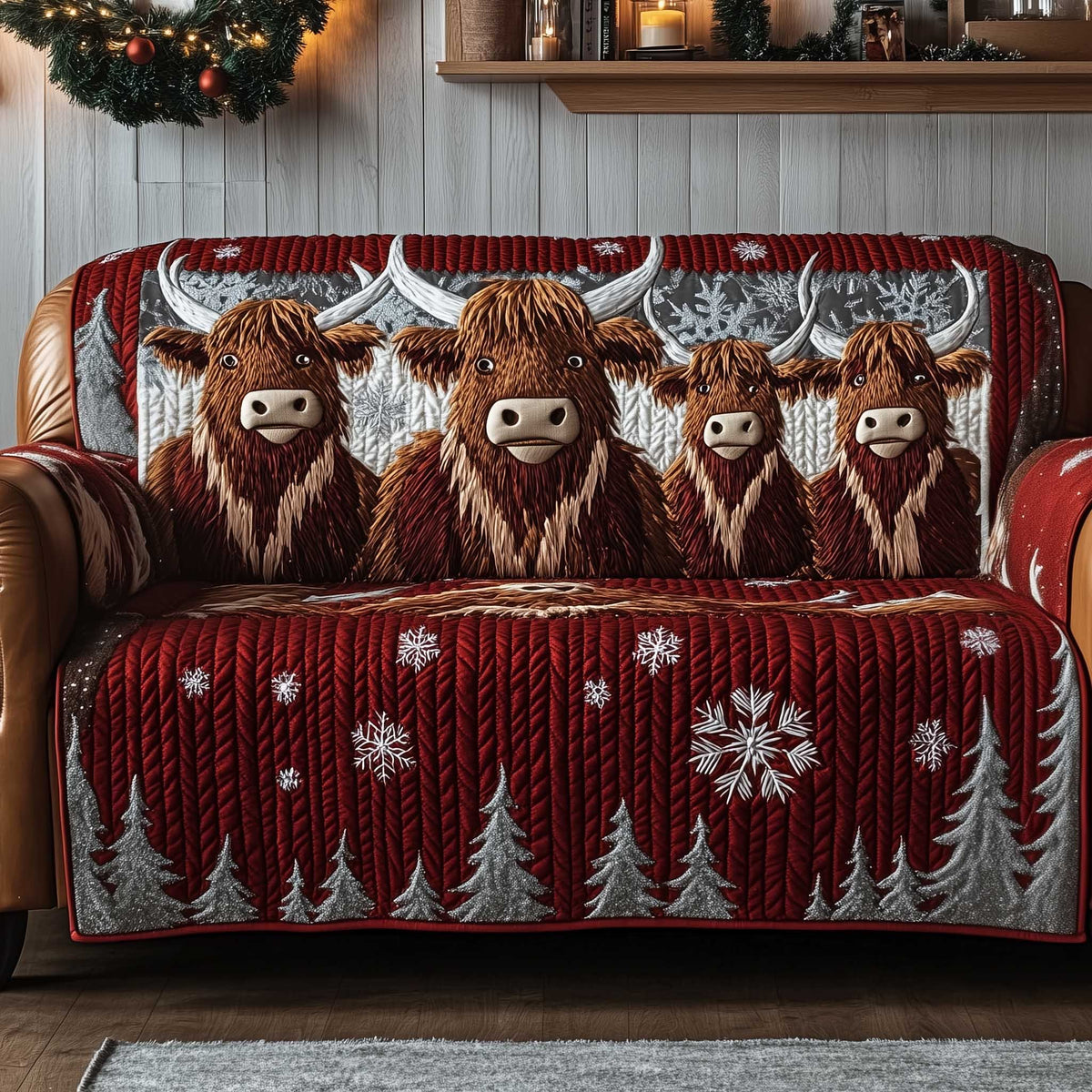 Highland Cows Above Red Pine Border Sofa Cover