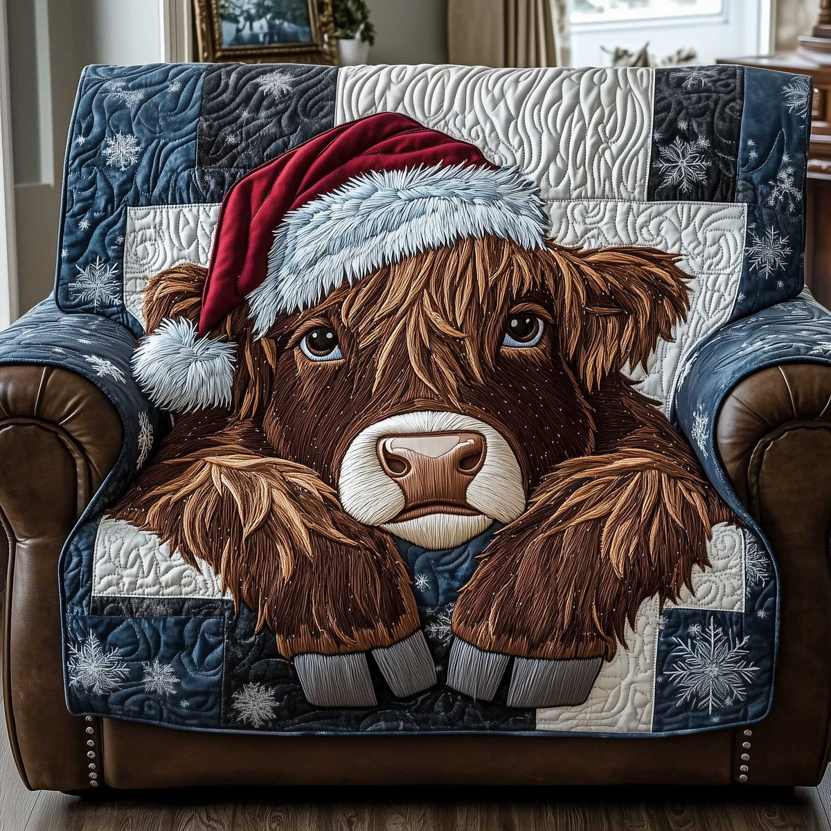 Highland Cow Wearing a Santa Hat Sofa Cover