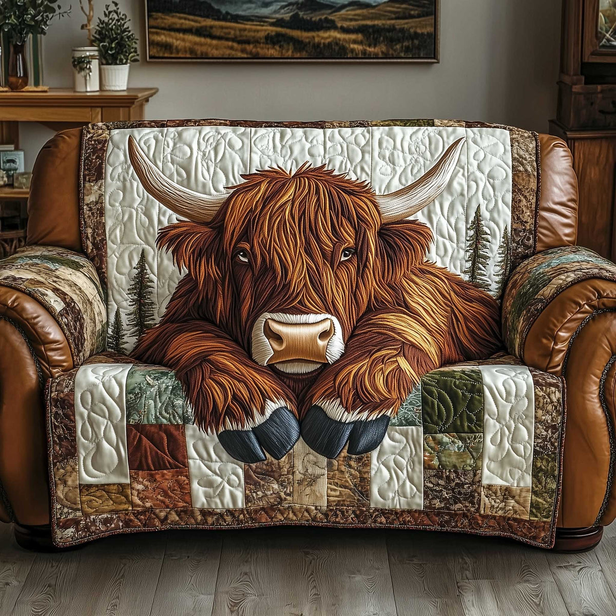 Highland Cow on Cream Patchwork Sofa Cover