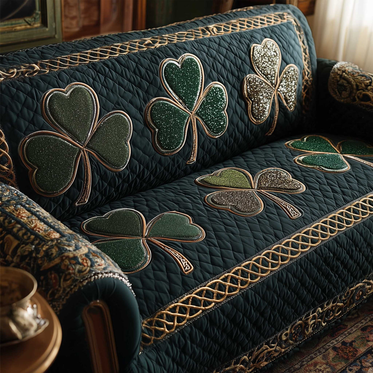 Shamrocks and Celtic Knots on Green Sofa Cover