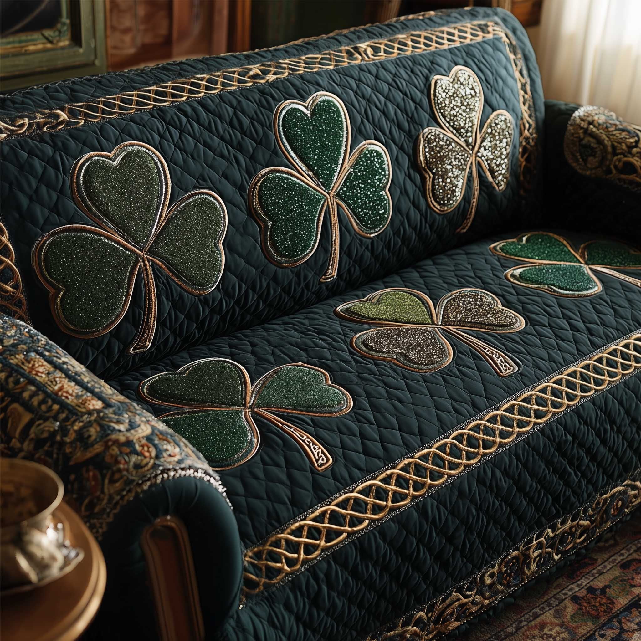 Shamrocks and Celtic Knots on Green Sofa Cover