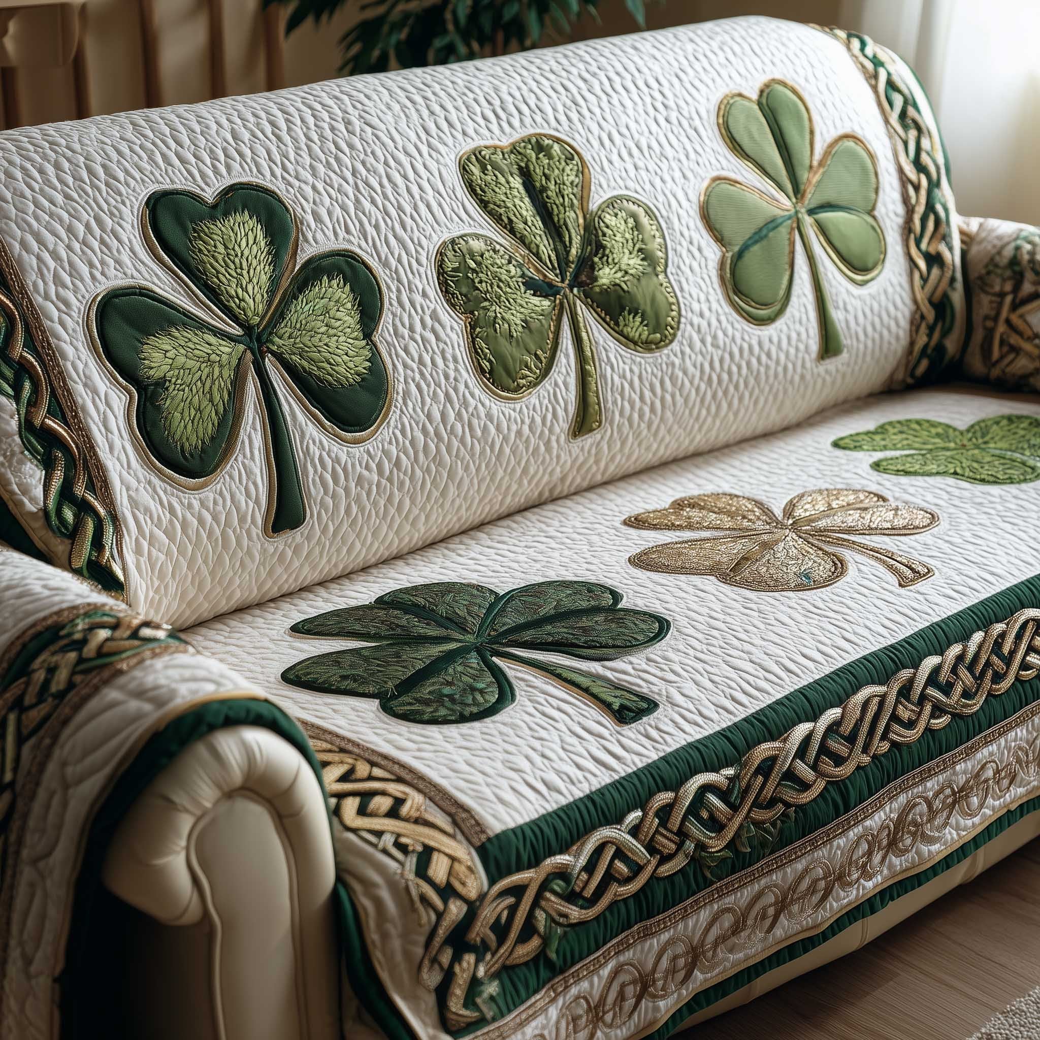 Green Shamrocks on White Quilt Sofa Cover