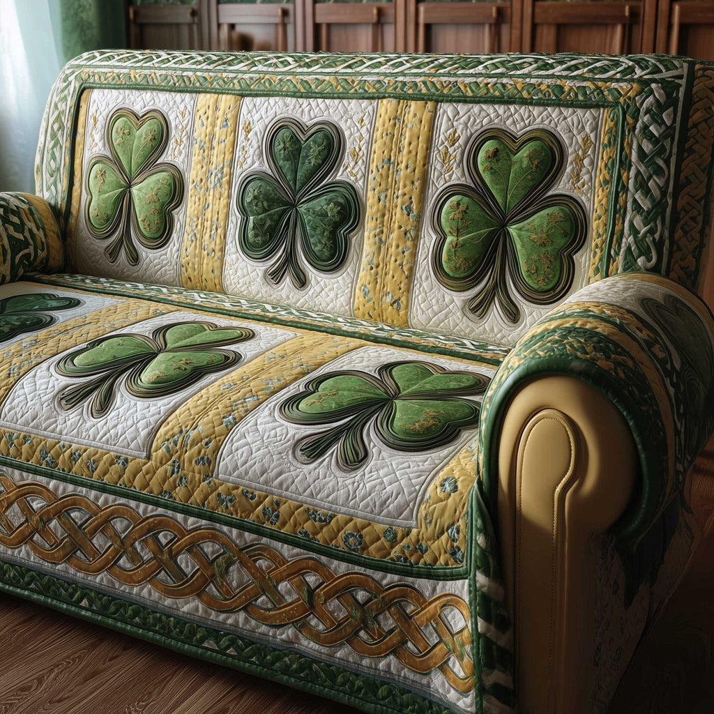 Shamrocks with Golden Celtic Border Sofa Cover