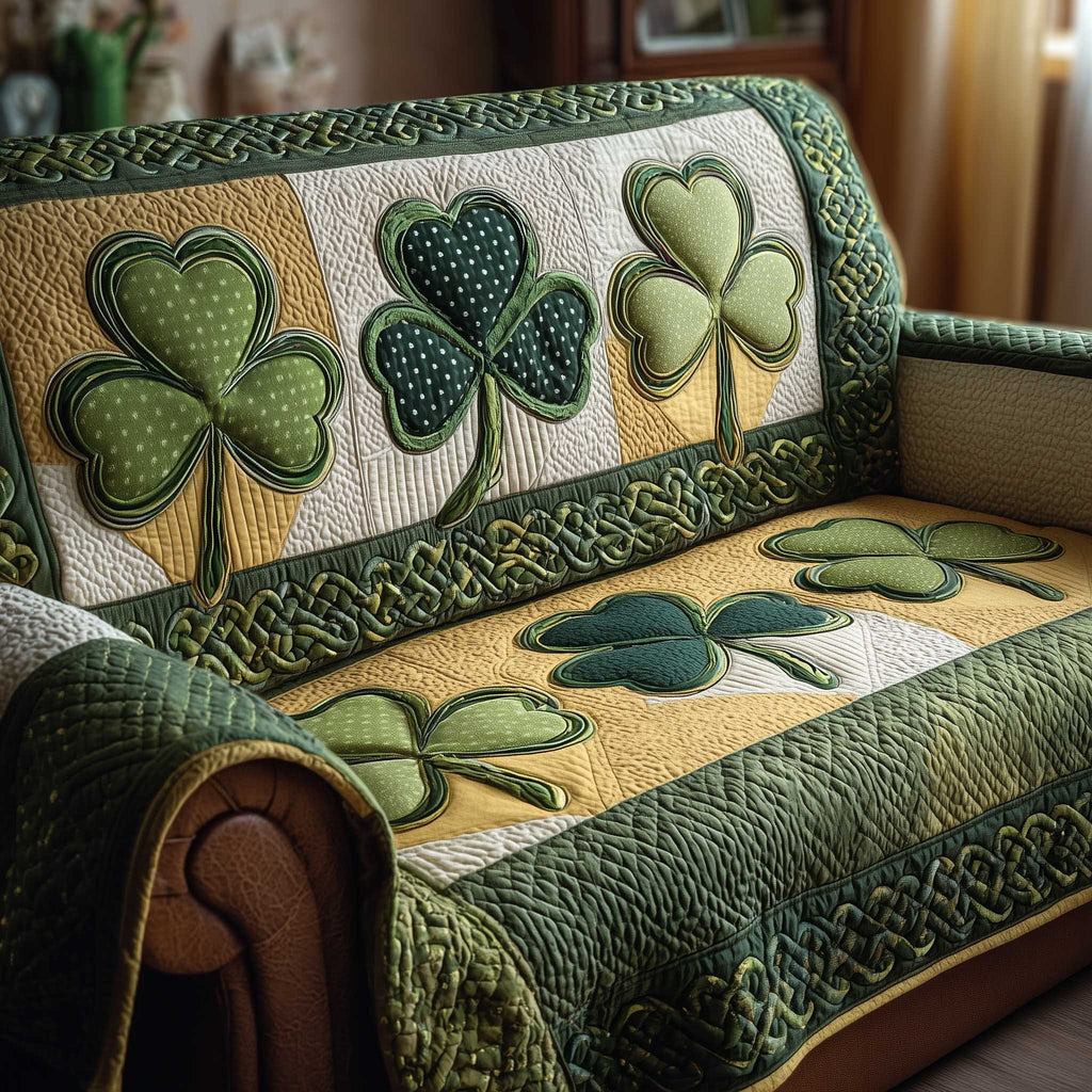 Shamrock Panels on Green Stripes Sofa Cover