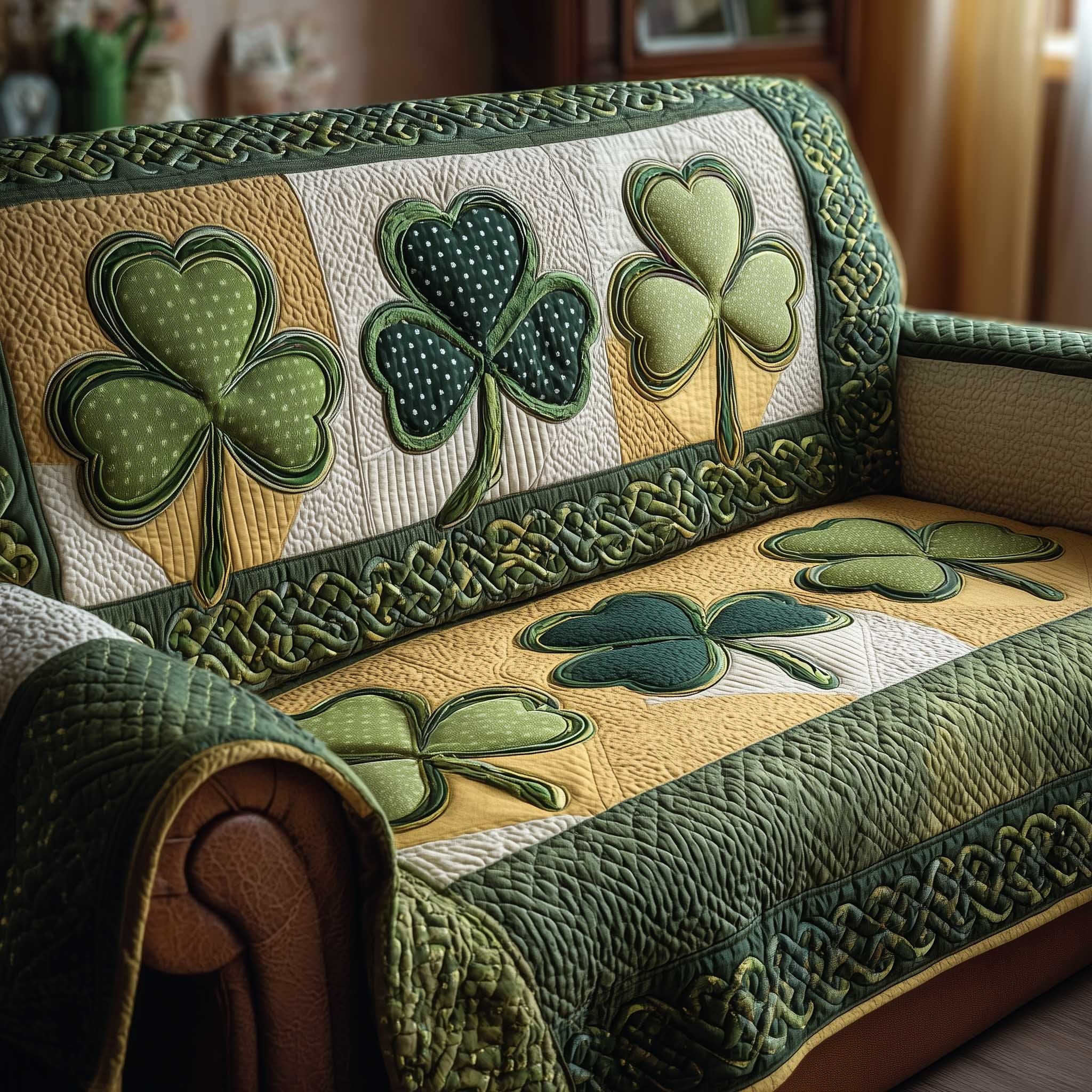 Shamrock Panels on Green Stripes Sofa Cover
