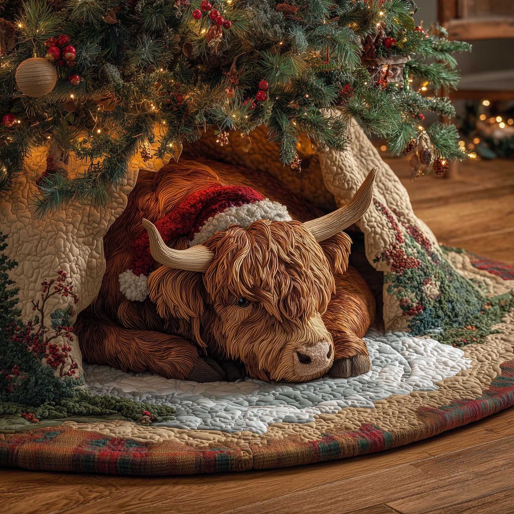 Highland Cow in a Santa Hat Christmas Tree Skirt