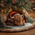 Highland Cow in a Santa Hat Christmas Tree Skirt