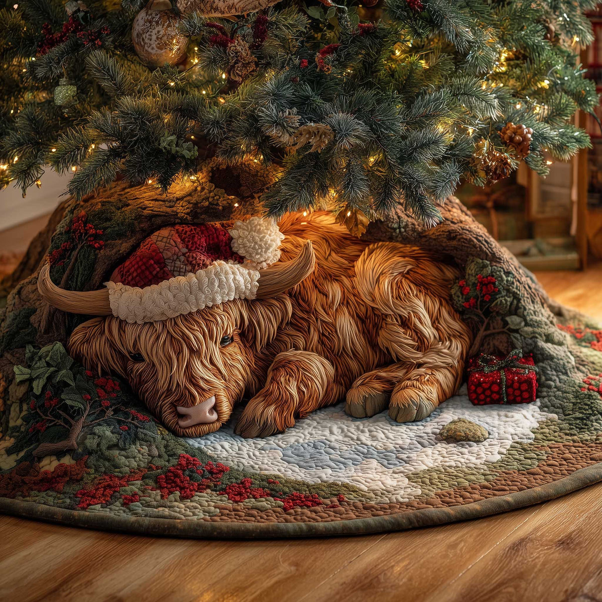 Sleeping Highland Cow with Santa Hat Christmas Tree Skirt