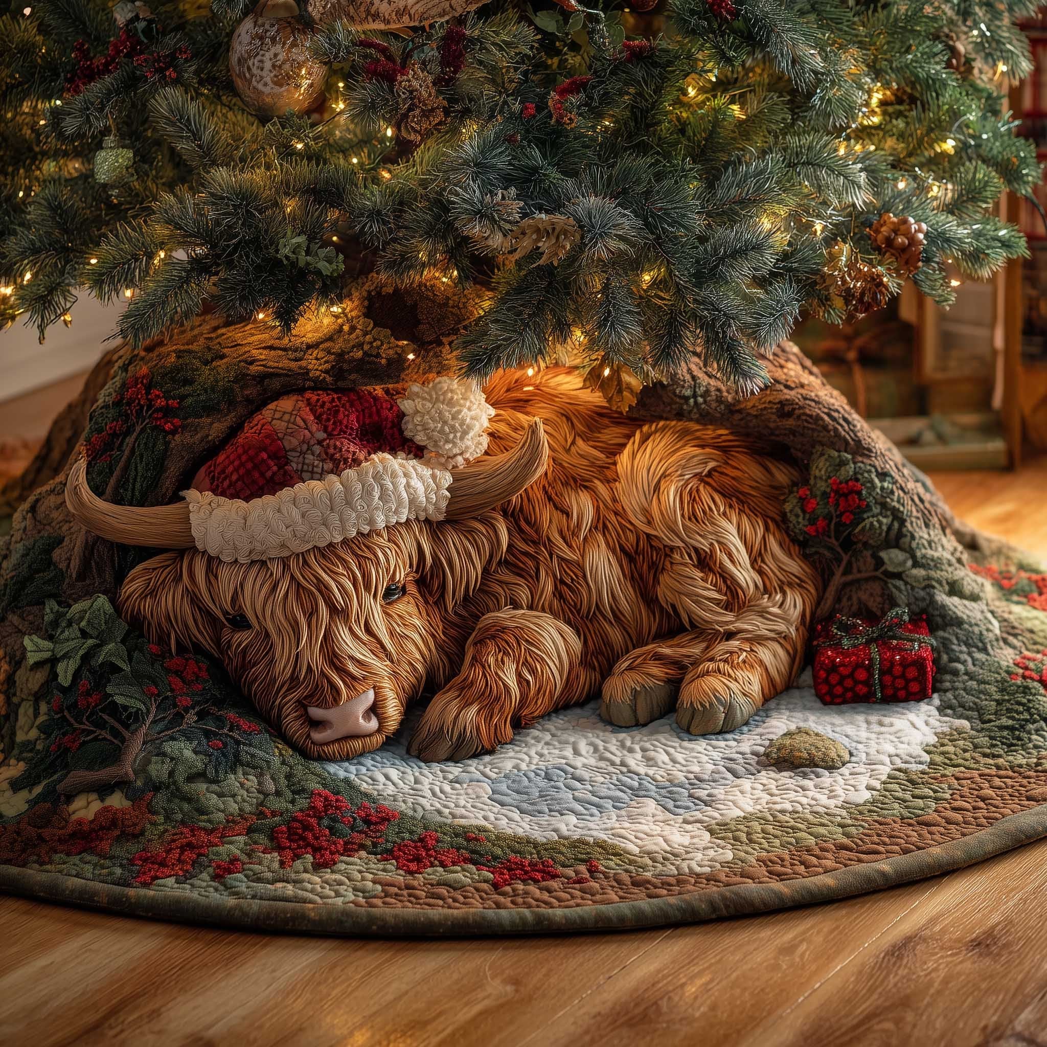 Sleeping Highland Cow with Santa Hat Christmas Tree Skirt
