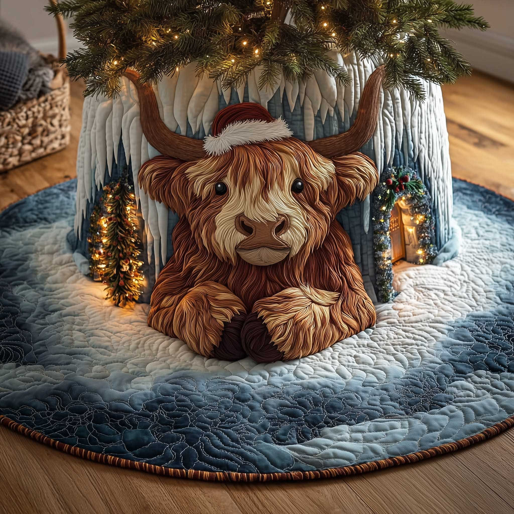 Highland Cow in the Ice Cave Christmas Tree Skirt