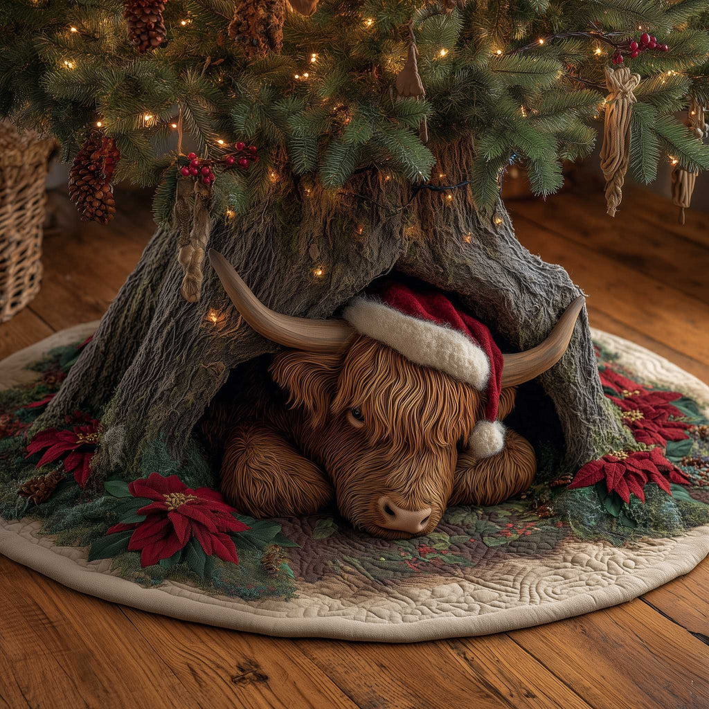 Highland Cow with Poinsettias Christmas Tree Skirt