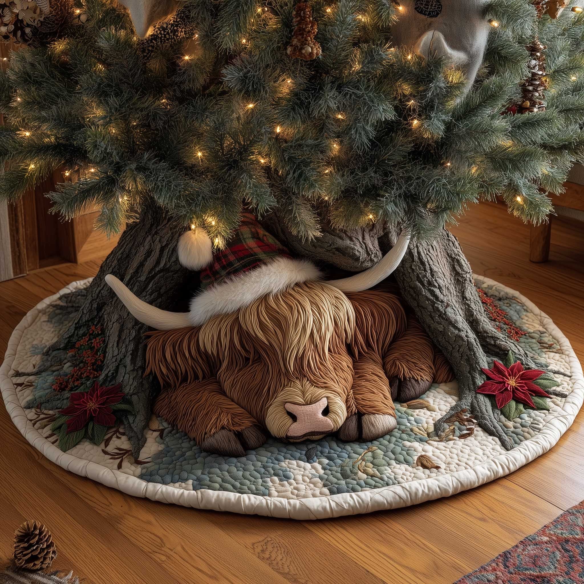 Highland Cows in Santa Hats Christmas Tree Skirt