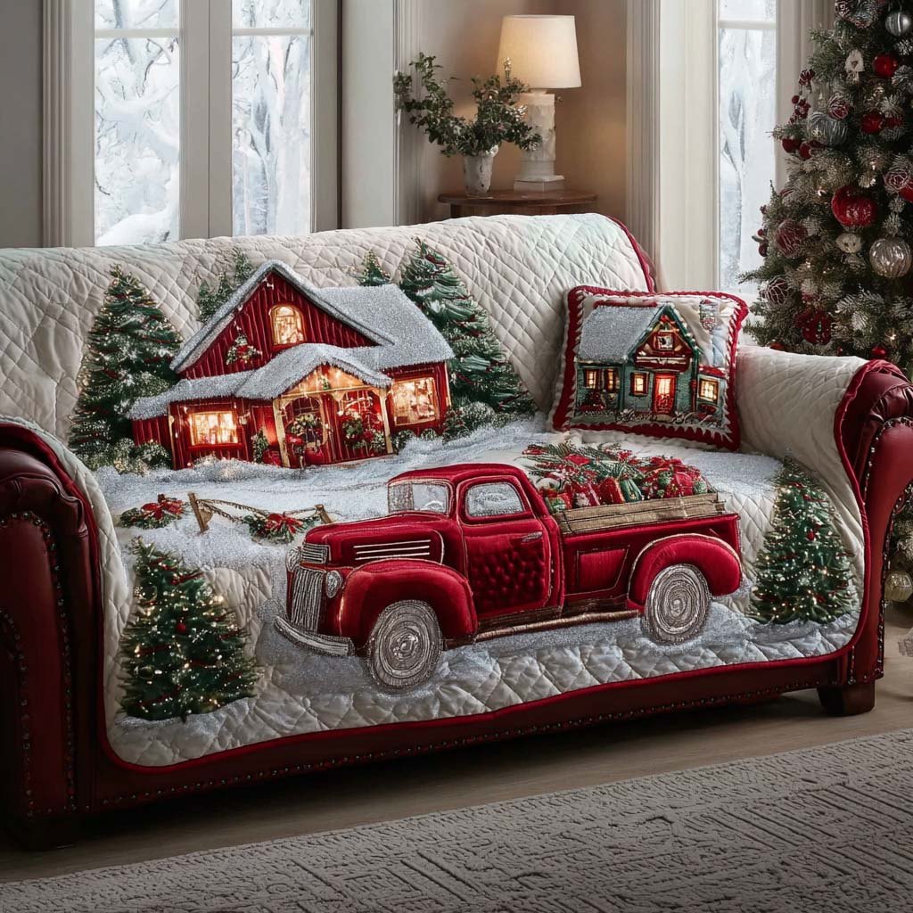 Red Truck by the Snowy Barn Sofa Cover