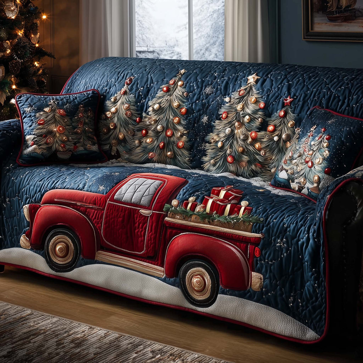 Red Truck with Gifts on Navy Sofa Cover