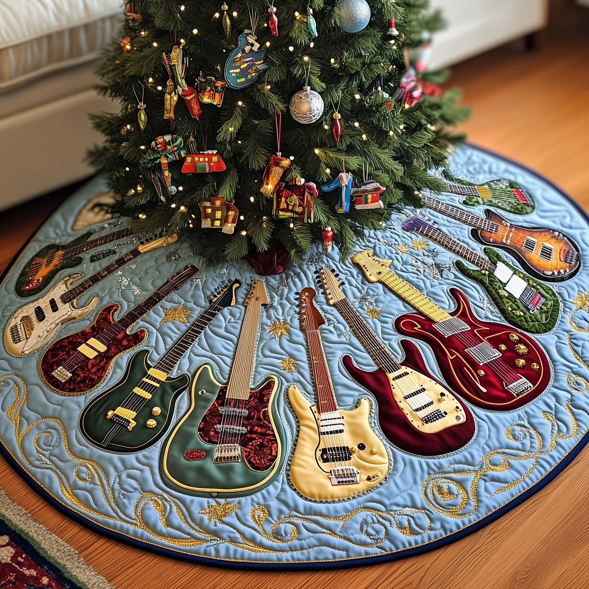 Guitars on the Ice Blue Swirl Christmas Tree Skirt