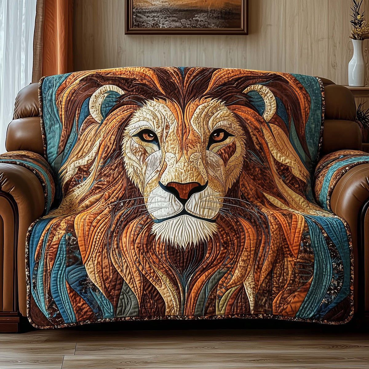 Lion Portrait in Warm Ribbon Colors Sofa Cover