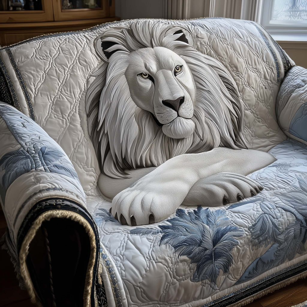 White Lion Resting on Grey Quilt Sofa Cover