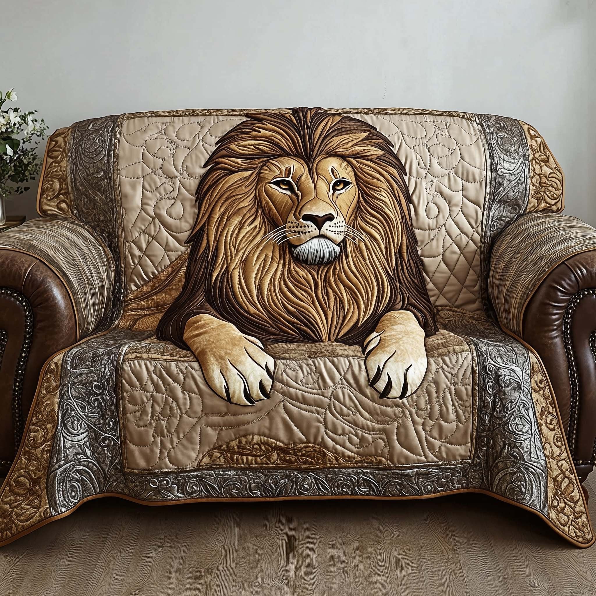 Golden Lion Paws on Cream Quilt Sofa Cover