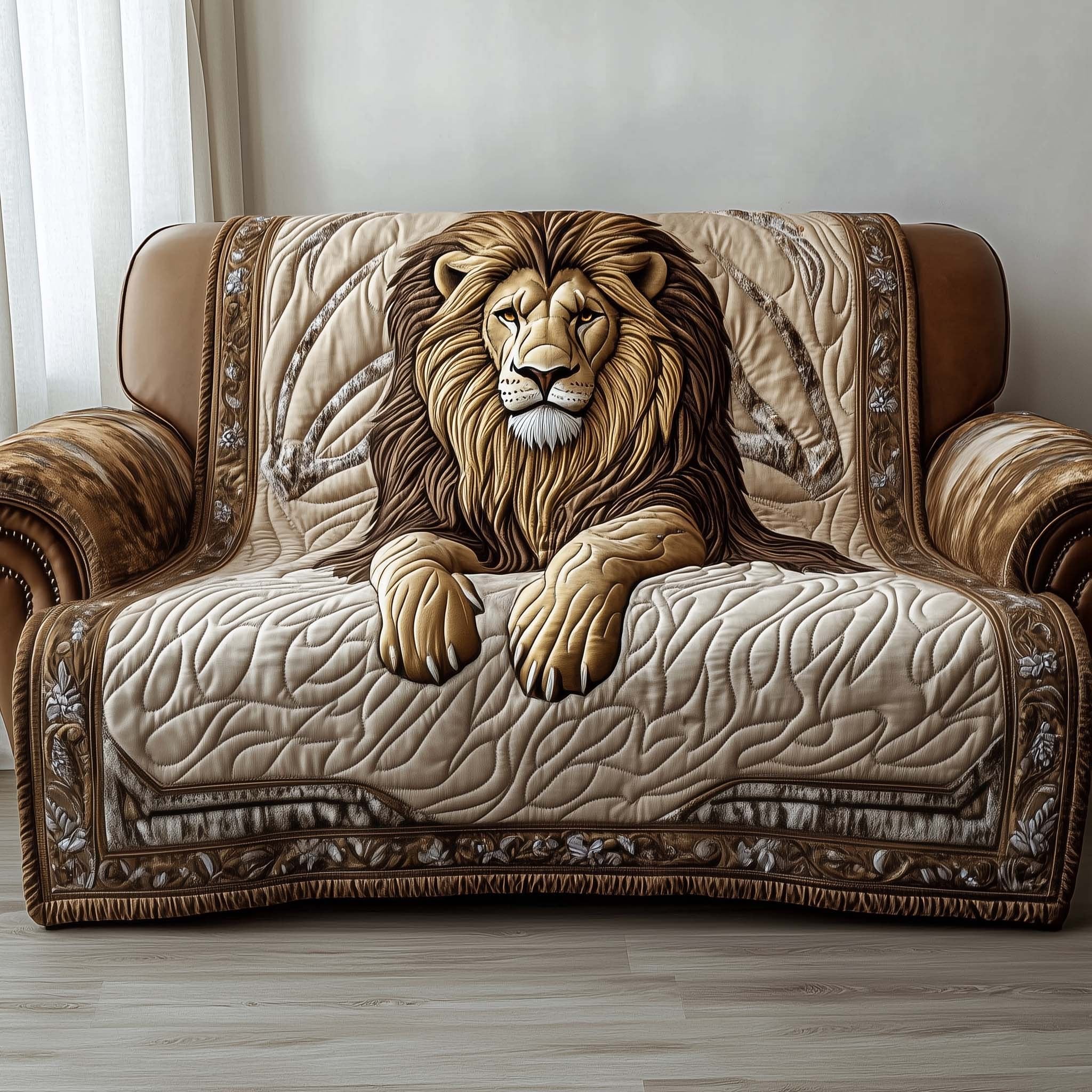 Lion Resting on Pale Ivory Quilt Sofa Cover