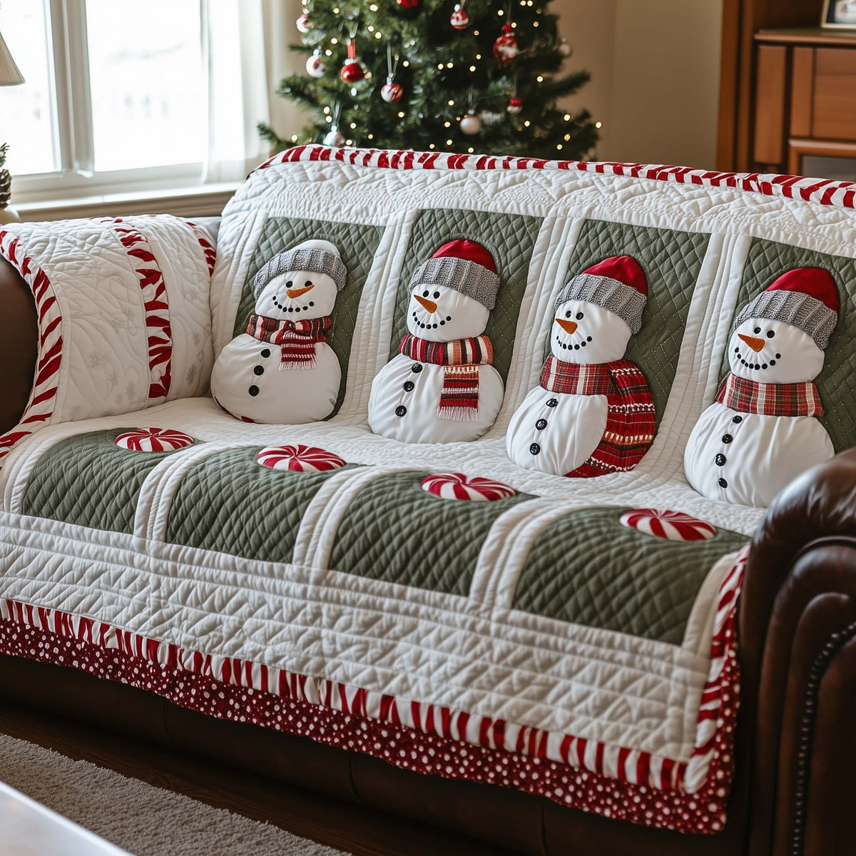 Snowmen with Candy Canes on Cream Sofa Cover
