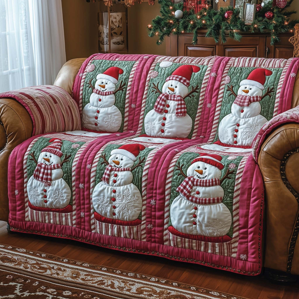 Snowmen on Raspberry and Green Sofa Cover