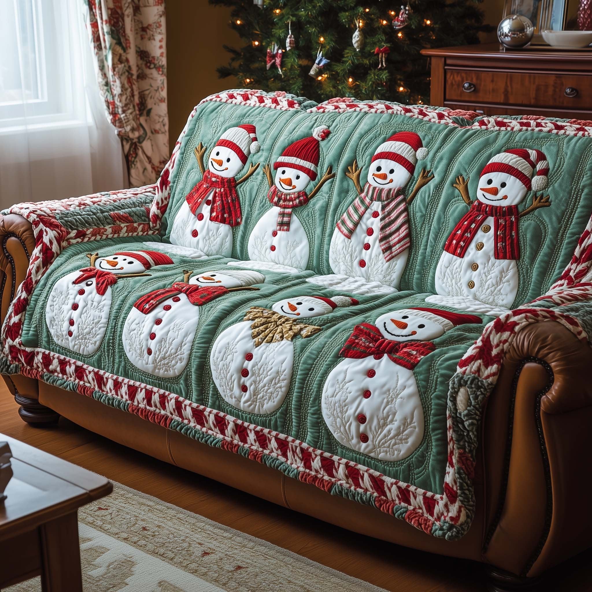 Snowmen with Wheat Sheaves in Green Sofa Cover