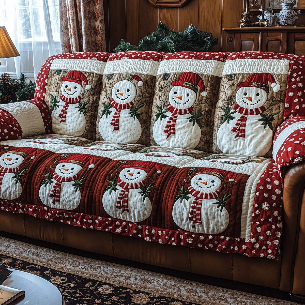 Snowmen on Deep Red Stars Sofa Cover