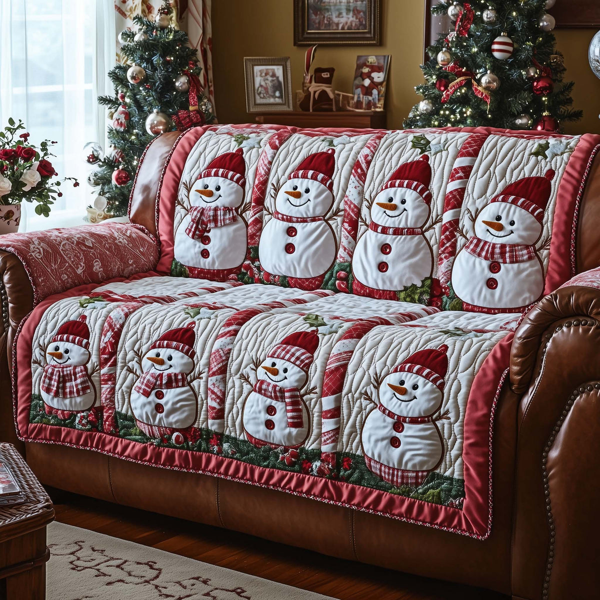 Snowmen in Red Caps on Rose Sofa Cover