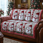 Snowmen in Red Caps on Rose Sofa Cover