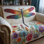 Rainbow Dragonfly Over Wildflowers Sofa Cover