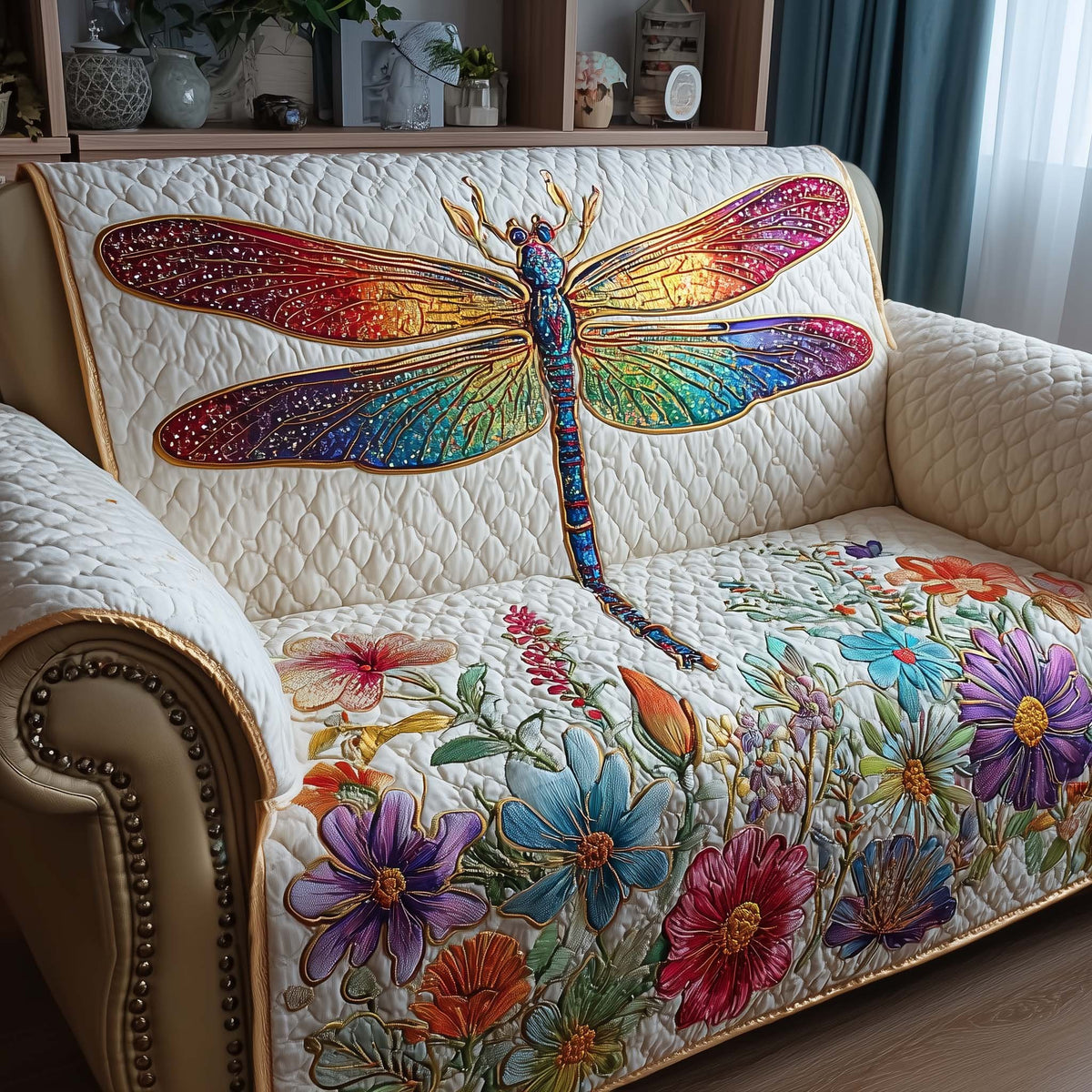 Rainbow Dragonfly Over Wildflowers Sofa Cover