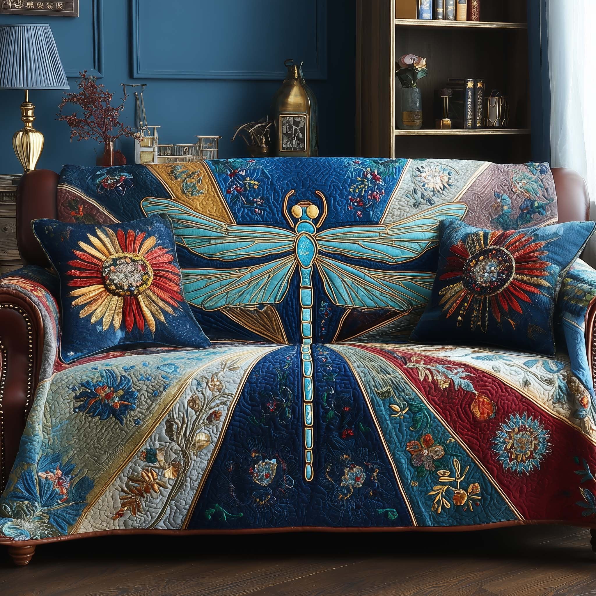 Blue Dragonfly with Navy Sunflowers Sofa Cover
