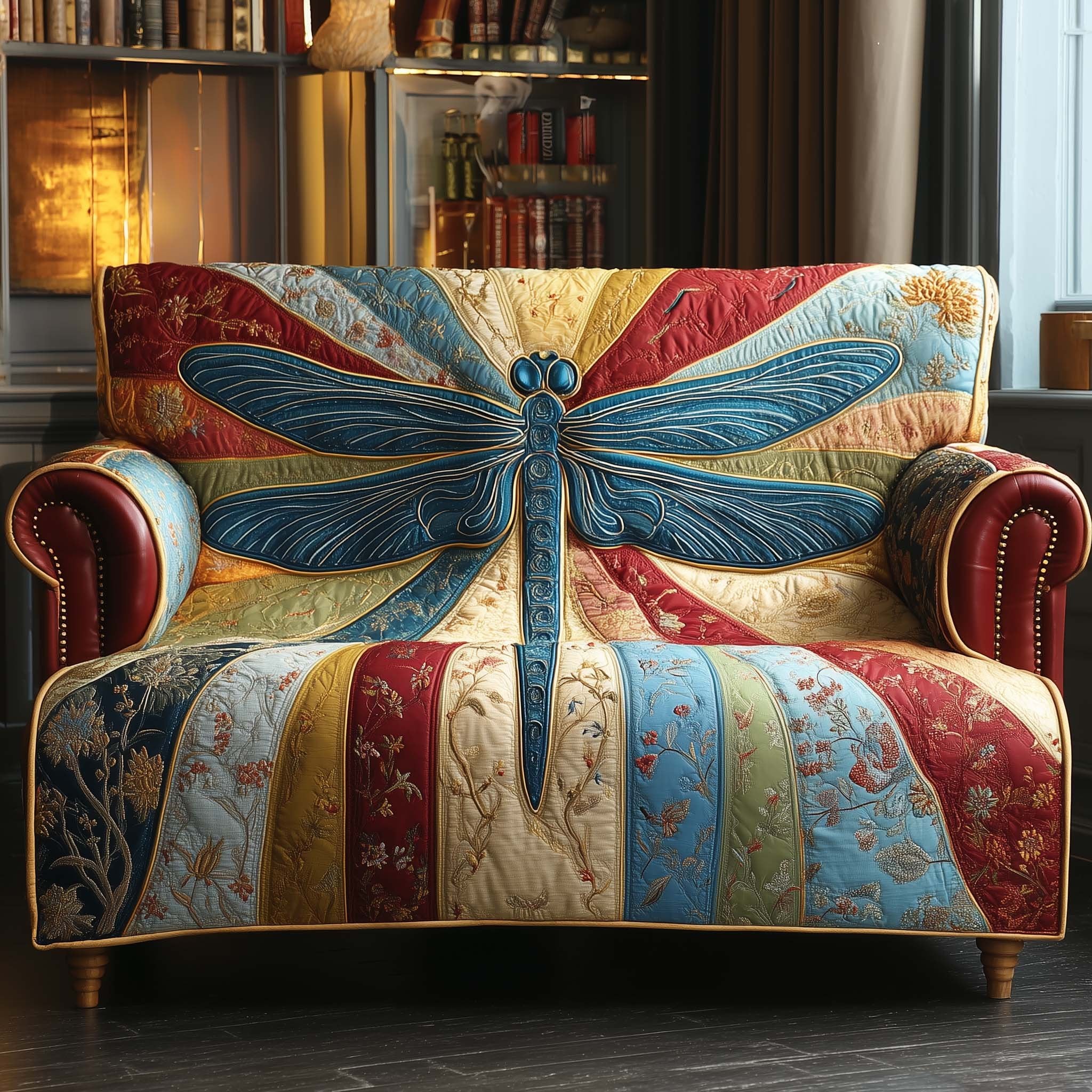 Blue Dragonfly on Pastel Stripes Sofa Cover