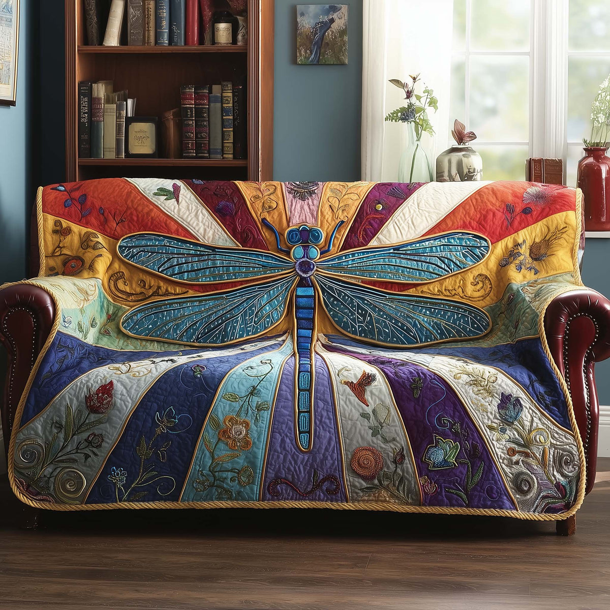 Dragonfly on Purple and Cream Stripes Sofa Cover