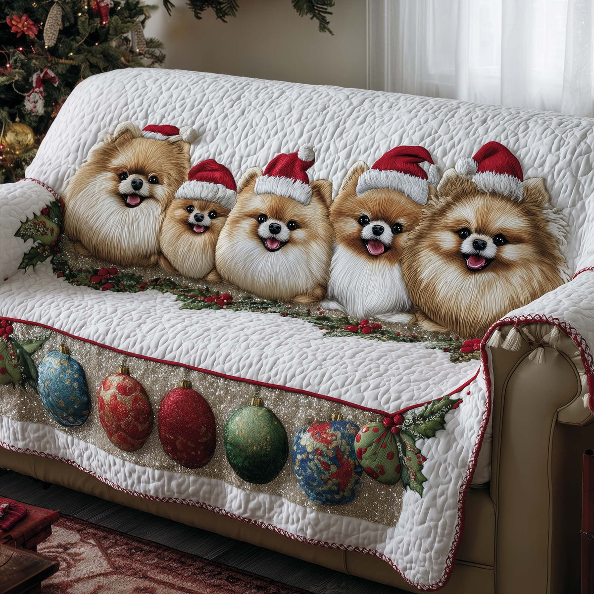Pomeranians Above Pastel Ornaments Sofa Cover
