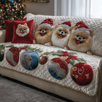 Pomeranians with Blue and Red Baubles Sofa Cover