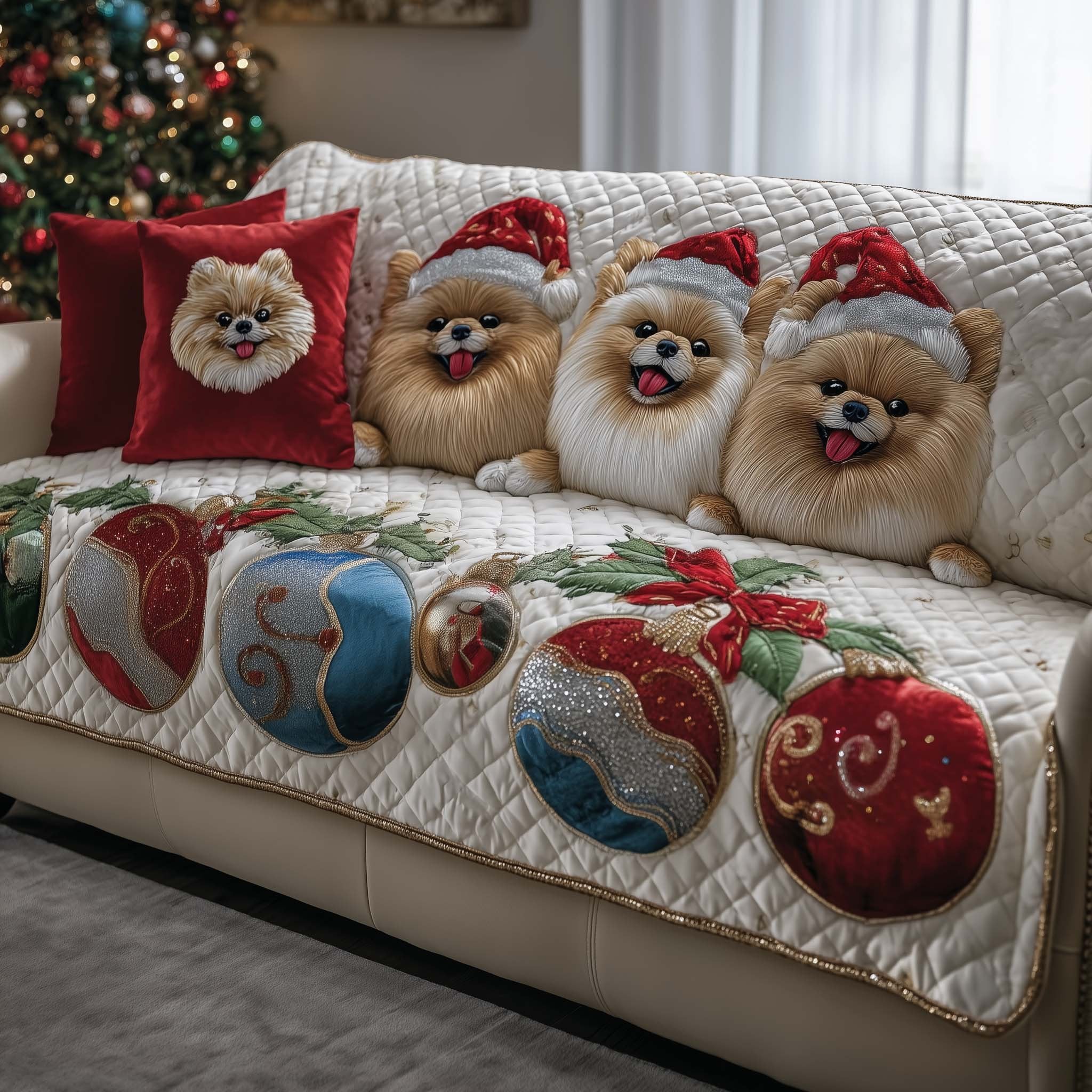 Pomeranians with Blue and Red Baubles Sofa Cover