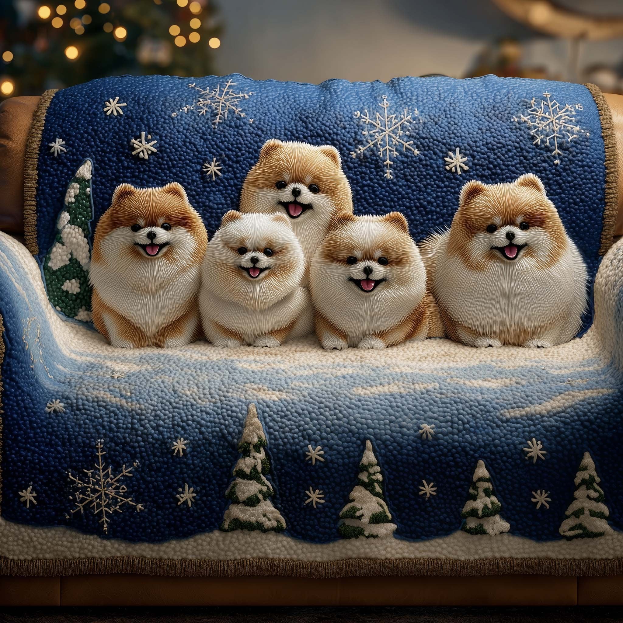 Pomeranians Under Snowy Night Sky Sofa Cover
