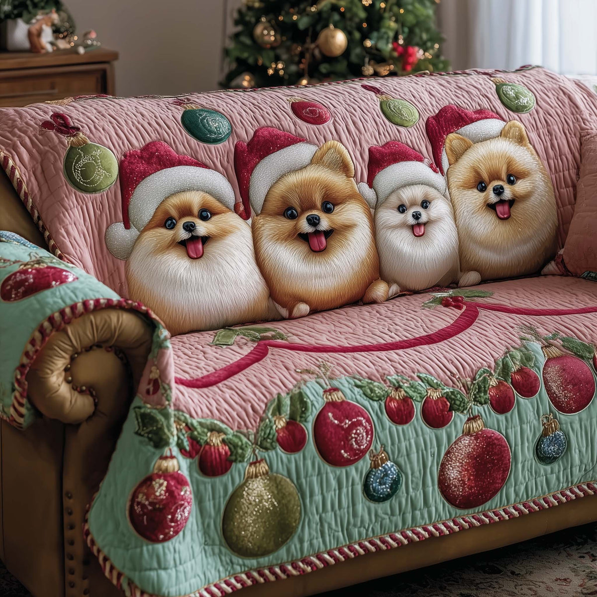 Pomeranians on Pink and Mint Quilt Sofa Cover